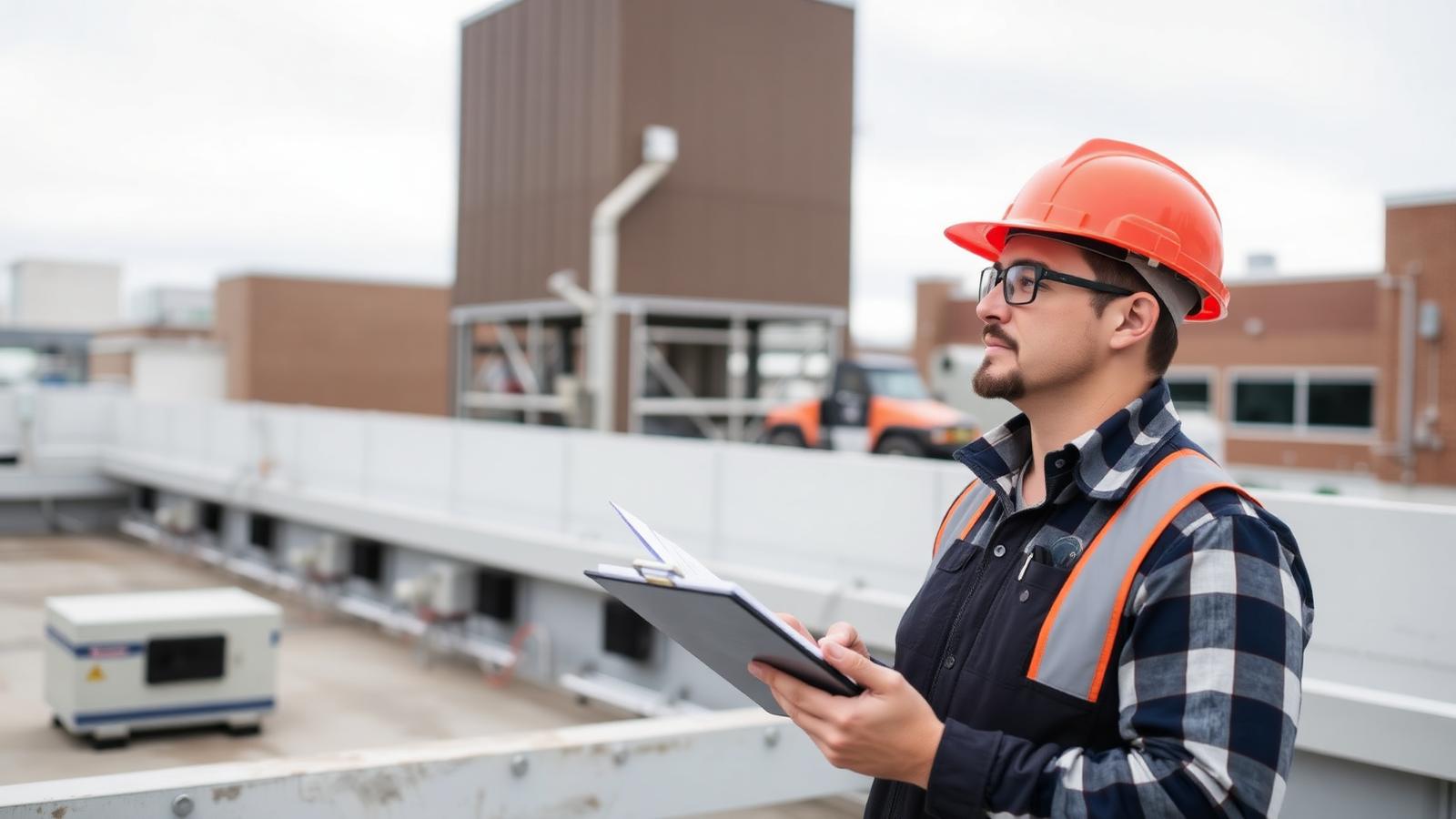 Facility technician documenting a rooftop equipment inspection