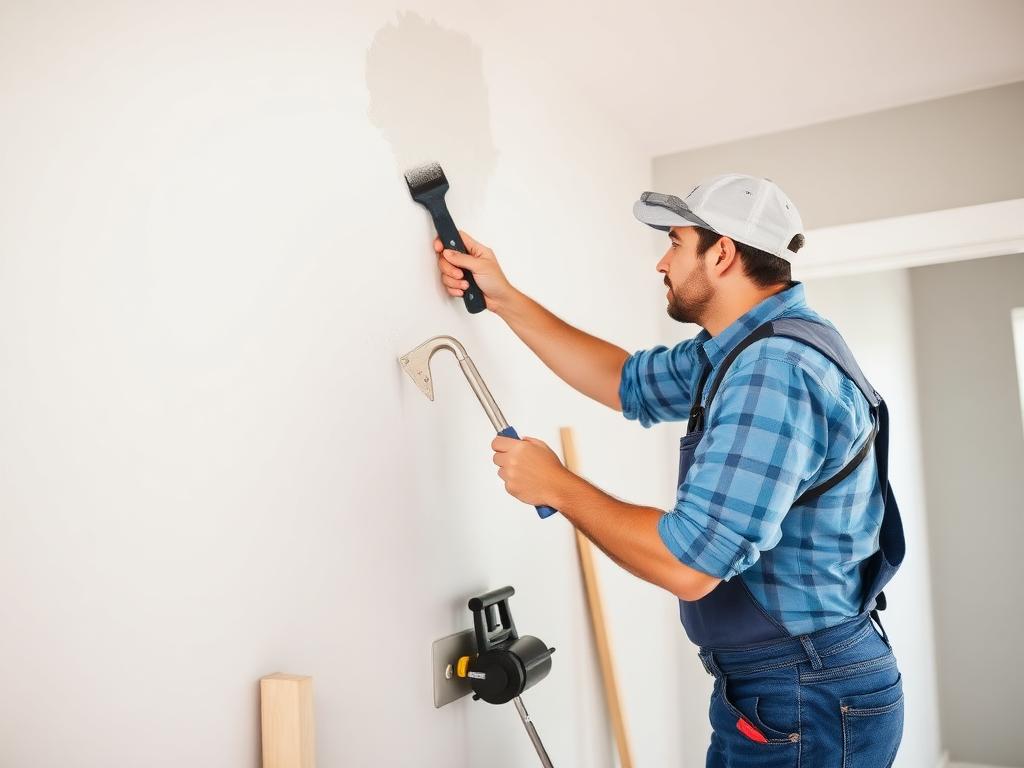 Technician repairing an interior commercial wall