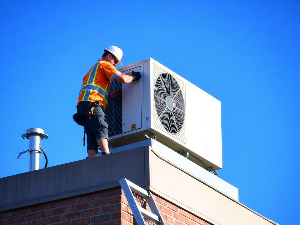 Technician servicing rooftop building equipment during scheduled maintenance
