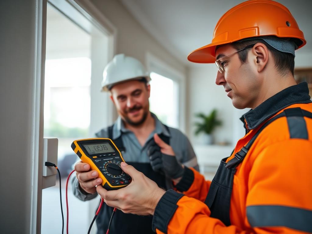 Electrician testing a circuit with a multimeter during a home safety inspection