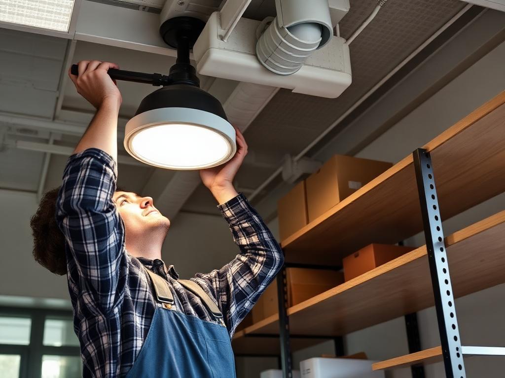 Electrician mounting an LED ceiling fixture in a commercial storeroom