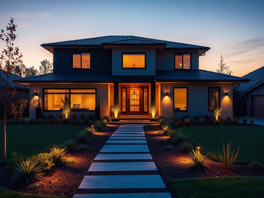 Home exterior at dusk with landscape and entry lighting switched on