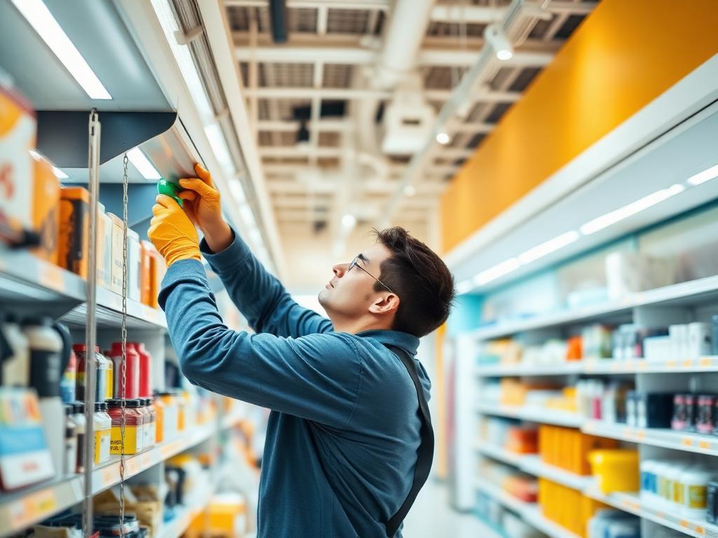 Technician servicing overhead lighting in a retail store aisle